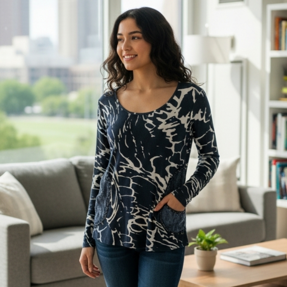 Christina Black and White Graphic Long Sleeve Blouse